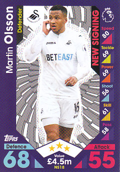 Martin Olsson Swansea City 2016/17 Topps Match Attax Extra New Signing #NS18